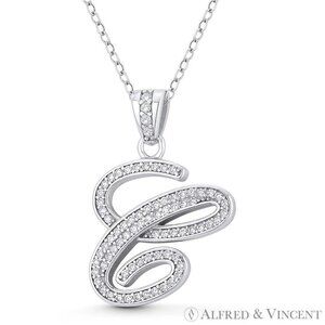 Initial Letter "C" Cursive Script CZ Crystal Pendant in .925 Sterling Silver